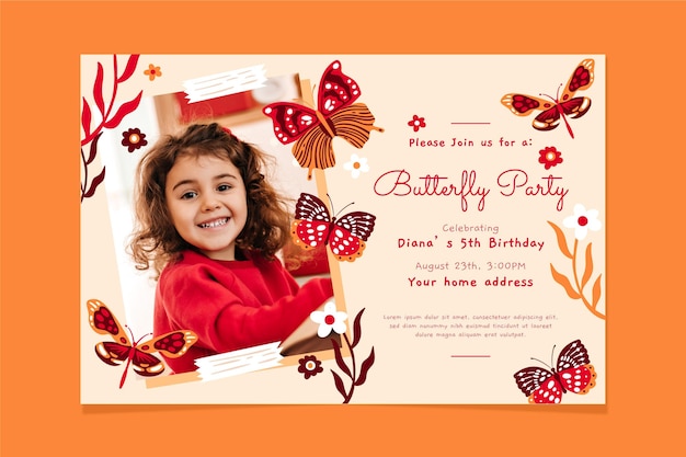 Hand drawn butterfly birthday invitation with photo