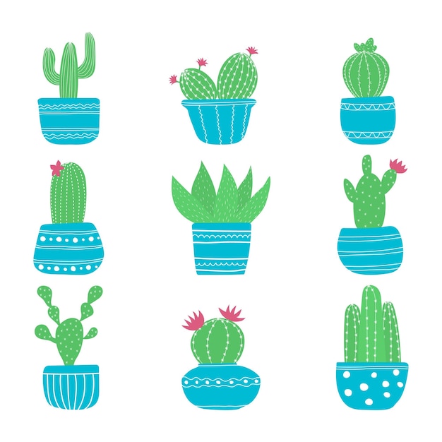 Hand drawn cacti sketch set for stickers prints design and decor Vector flat illustration