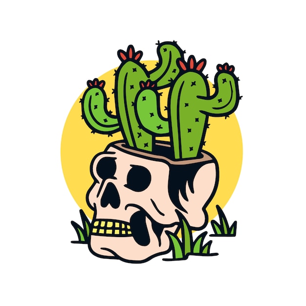 Hand drawn cactus in a skull old school tattoo illustration