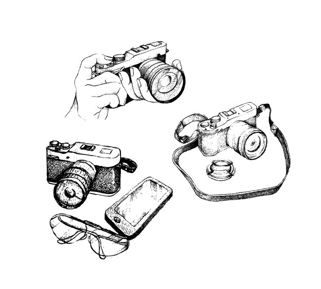 Vector hand drawn camera and glasses with smart phone