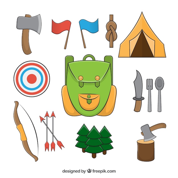 Hand drawn campsite objects and sporty elements