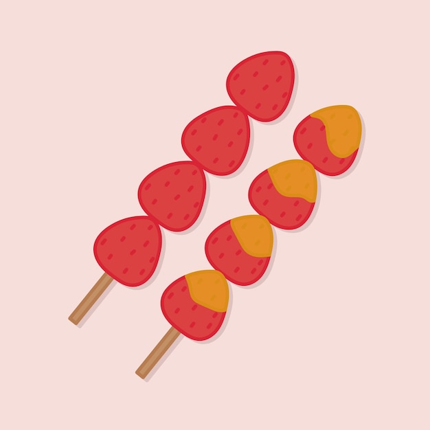 Hand drawn candied strawberry on a stick. Asian exotic food. Cartoon design food element Street food