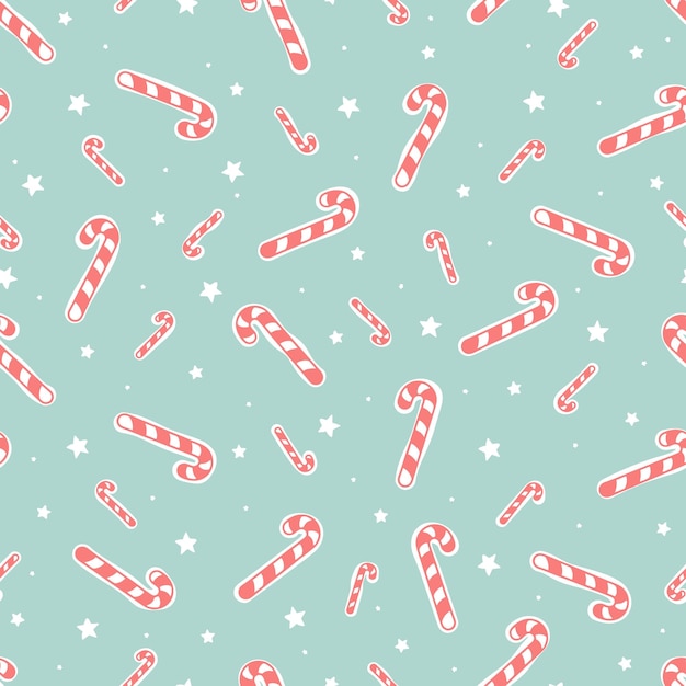 Hand drawn candy cane seamless pattern on teal background