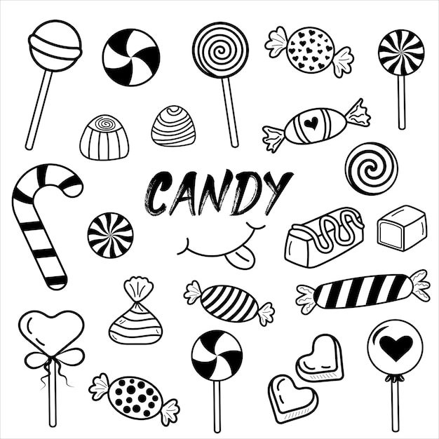 Hand drawn candy set Linear doodle style