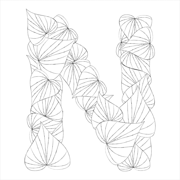 Hand drawn capital letter N in black coloring sheet for adults