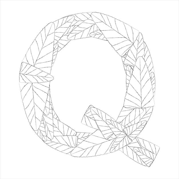 Hand drawn capital letter Q in black coloring sheet for adults