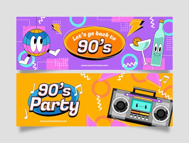 Hand drawn cartoon 90s party horizontal banners