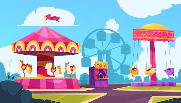 Hand drawn cartoon amusement park composition