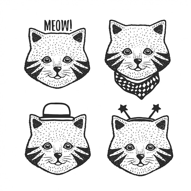 Hand drawn cartoon cat head prints set