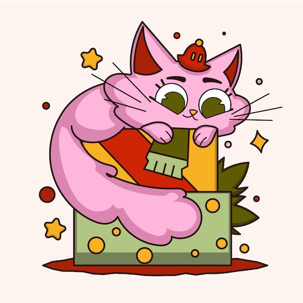 Hand drawn cartoon cat illustration for christmas season celebration