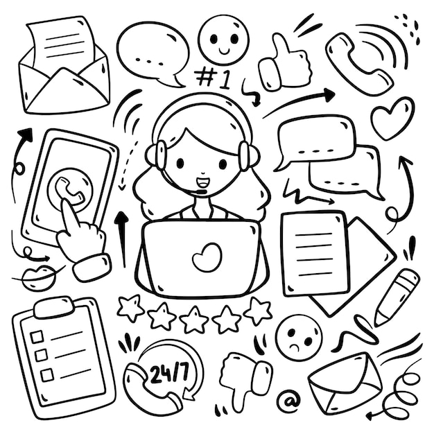 Hand Drawn Cartoon Customer Service Doodle Vector Illustration