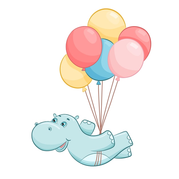 Hand drawn cartoon cute hippo flying on balloons vector illustration Hippopotamus isolated on white Cute baby character