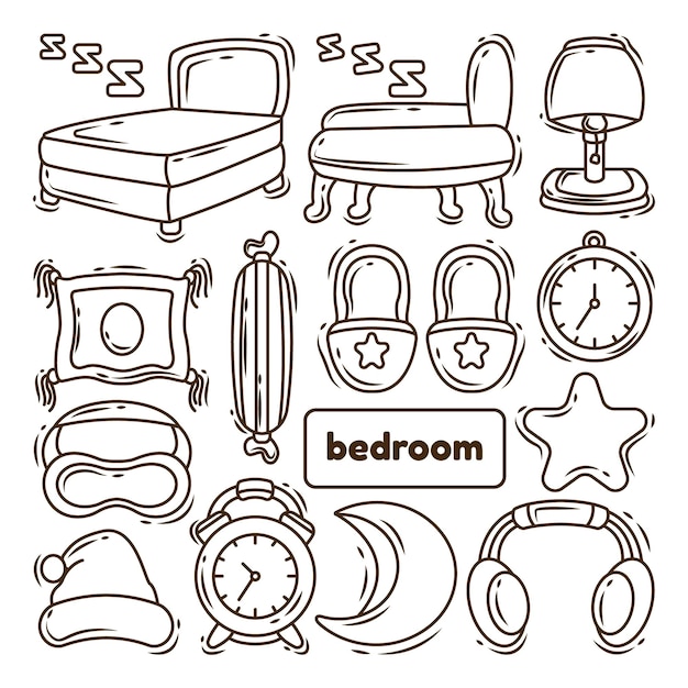 Hand drawn cartoon doodle bedroom collection coloring