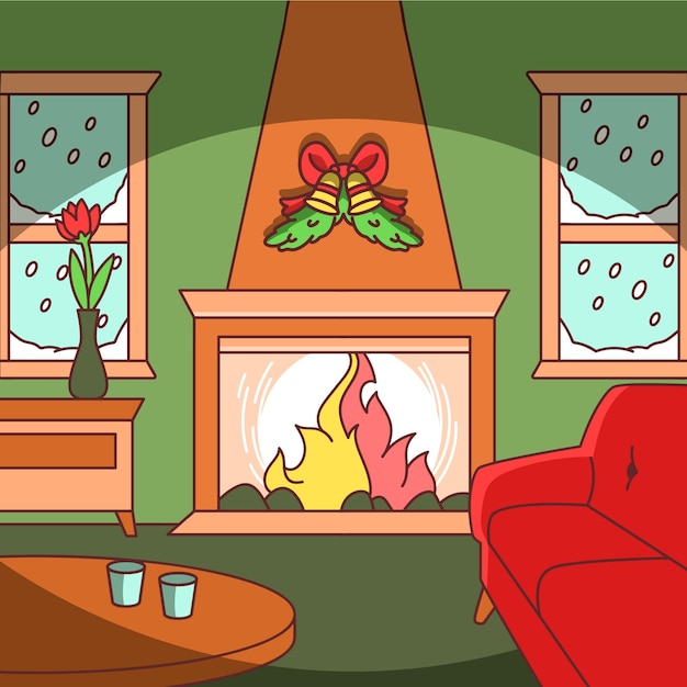 Hand drawn cartoon fireplace illustration