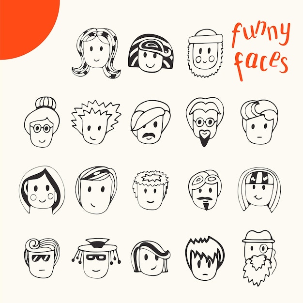 Hand drawn cartoon funny faces collection Doodle vector avatars set