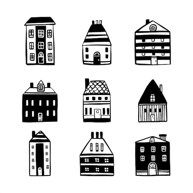 Hand drawn cartoon houses set.