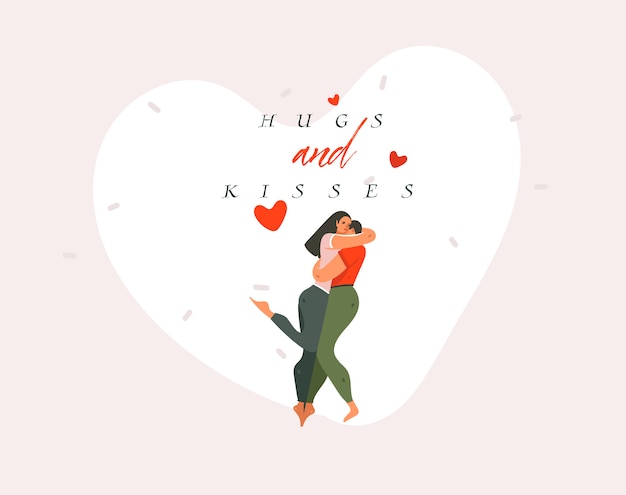 Hand drawn   cartoon modern graphic Happy Valentines concept illustration with hugging couple and Hugs and Kisses text isolated