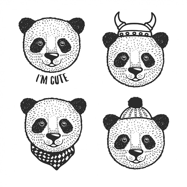 Hand drawn cartoon panda head prints set