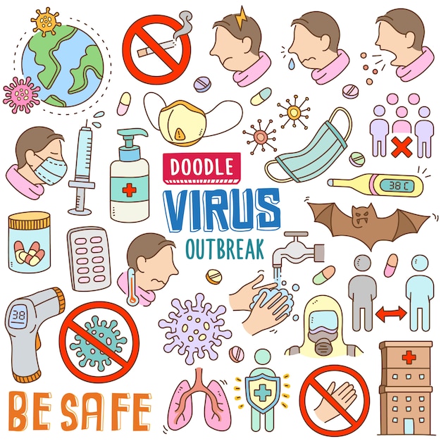 Hand drawn Cartoon set in doodle color - Virus Outbreak