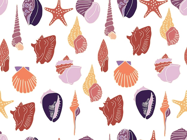 Hand drawn cartoon style seashell seamless pattern summer print Vector illustration