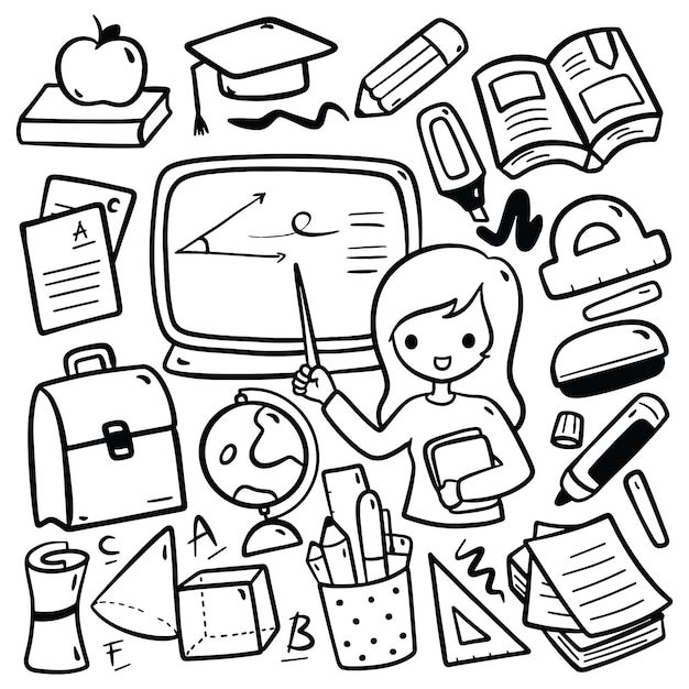 Hand Drawn Cartoon Teacher with School Supplies