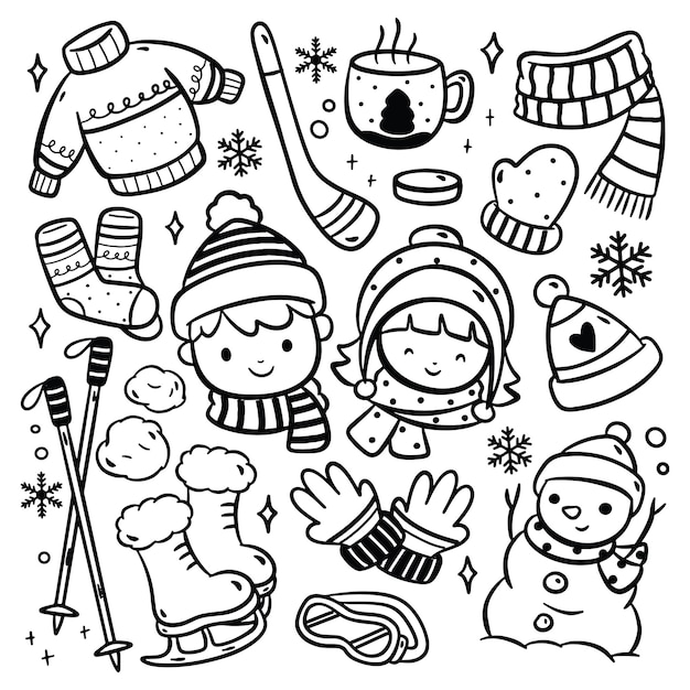 Hand Drawn Cartoon Winter Related Object with Kids Vector Illustration