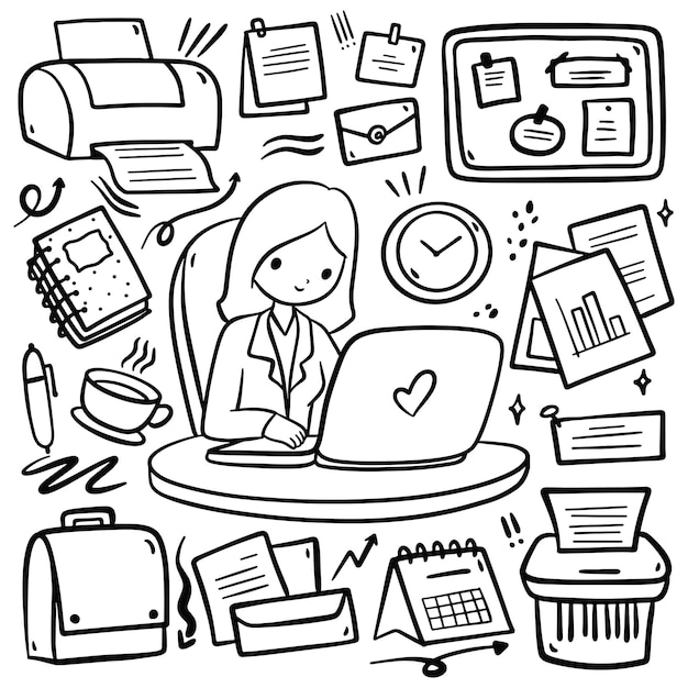 Hand Drawn Cartoon Woman Office Worker with Office Supplies