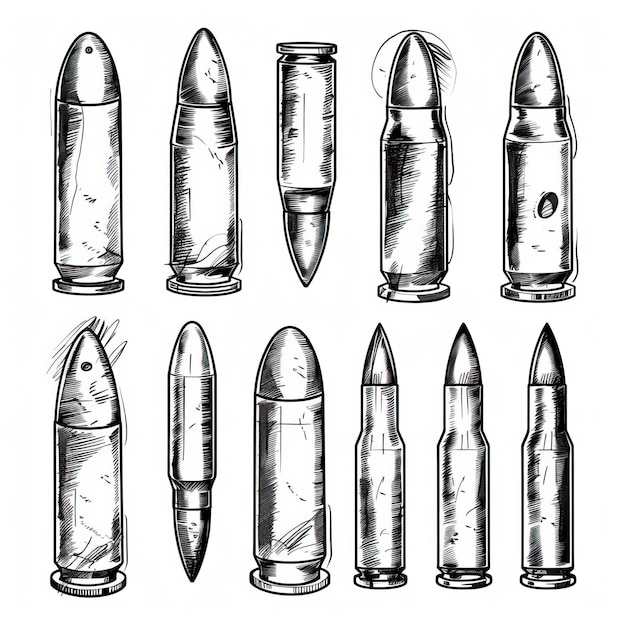 Vector hand drawn cartridge set ink drawing sketch weapon bullets vector black isolated live ammunition illustration on white background r ar 11 style raw job id dff1f178e918439a90d641486c8fb815