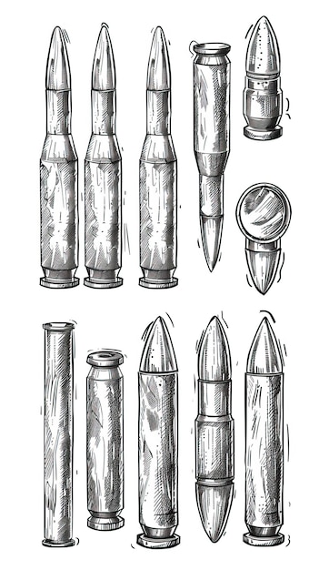 Vector hand drawn cartridge set ink drawing sketch weapon bullets vector black isolated live ammunition illustration on white background r ar 916 style raw job id 093e6800532e411a87dd5d921269e7d7