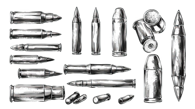 Hand drawn cartridge set ink drawing sketch weapon bullets vector black isolated live ammunition