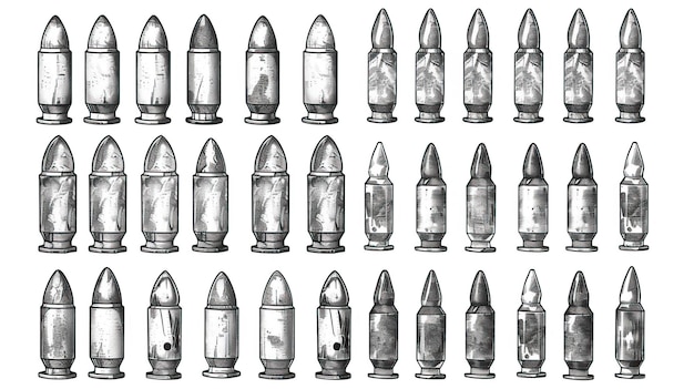 Vector hand drawn cartridge set ink drawing sketch weapon bullets vector black isolated live ammunition