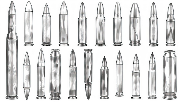 Vector hand drawn cartridge set ink drawing sketch weapon bullets vector black isolated live ammunition