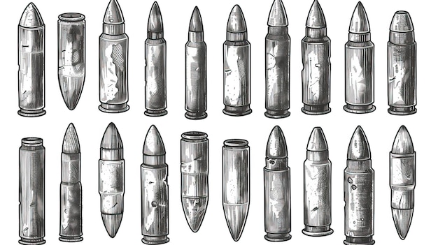 Vector hand drawn cartridge set ink drawing sketch weapon bullets vector black isolated live ammunition