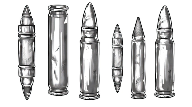 Vector hand drawn cartridge set ink drawing sketch weapon bullets vector black isolated live ammunition