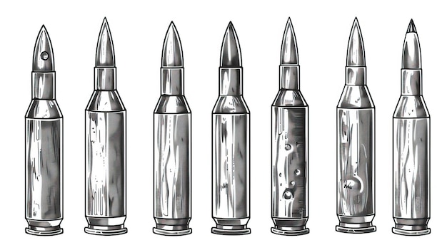 Vector hand drawn cartridge set ink drawing sketch weapon bullets vector black isolated live ammunition