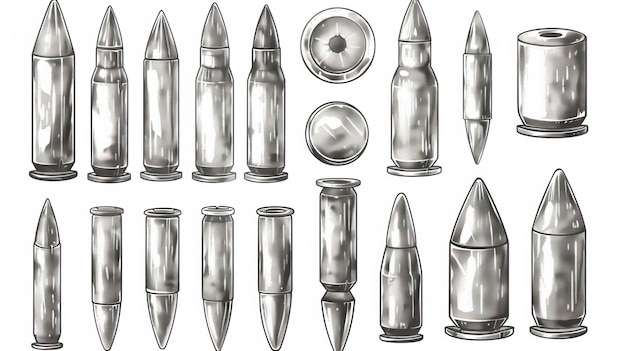 Vector hand drawn cartridge set ink drawing sketch weapon bullets vector black isolated live ammunition