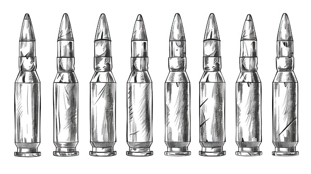 Vector hand drawn cartridge set ink drawing sketch weapon bullets vector black isolated live ammunition