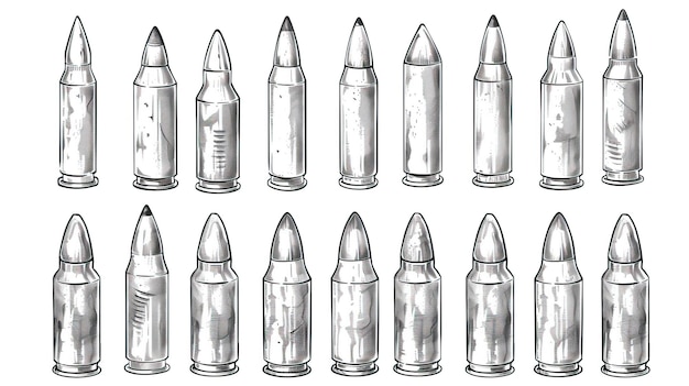 Vector hand drawn cartridge set ink drawing sketch weapon bullets vector black isolated live ammunition