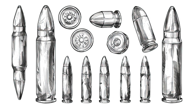 Vector hand drawn cartridge set ink drawing sketch weapon bullets vector black isolated live ammunition