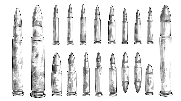 Vector hand drawn cartridge set ink drawing sketch weapon bullets vector black isolated live ammunition