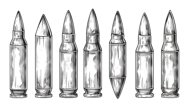 Hand drawn cartridge set ink drawing sketch weapon bullets vector black isolated live ammunition