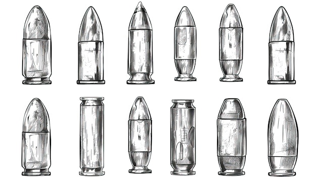 Vector hand drawn cartridge set ink drawing sketch weapon bullets vector black isolated live ammunition