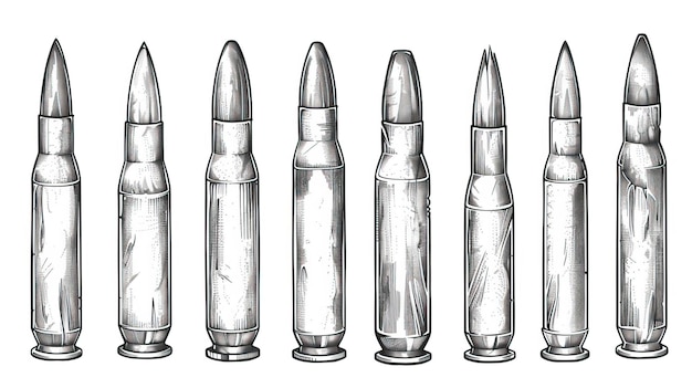 Hand drawn cartridge set ink drawing sketch weapon bullets vector black isolated live ammunition