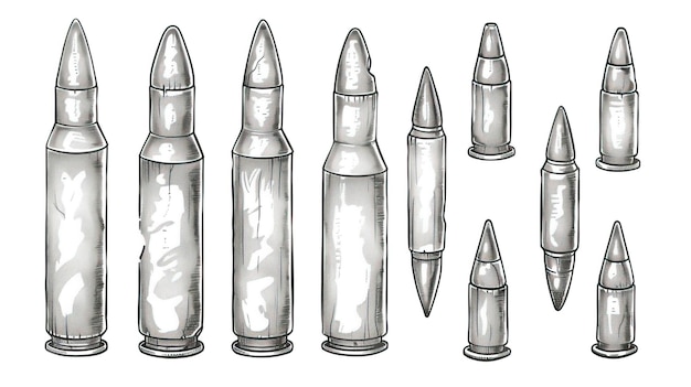 Hand drawn cartridge set ink drawing sketch weapon bullets vector black isolated live ammunition