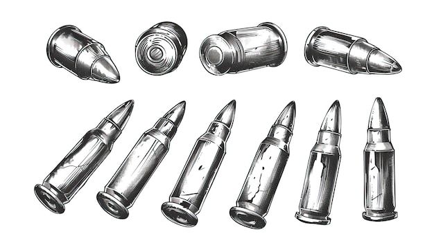 Vector hand drawn cartridge set ink drawing sketch weapon bullets vector black isolated live ammunition