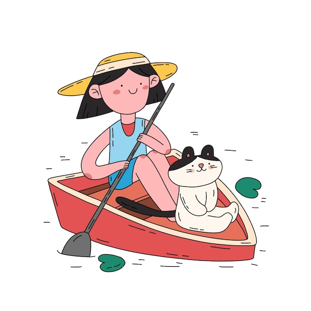 Hand drawn cat day flat vector illustration in minimal style with girl character and cat on the boat