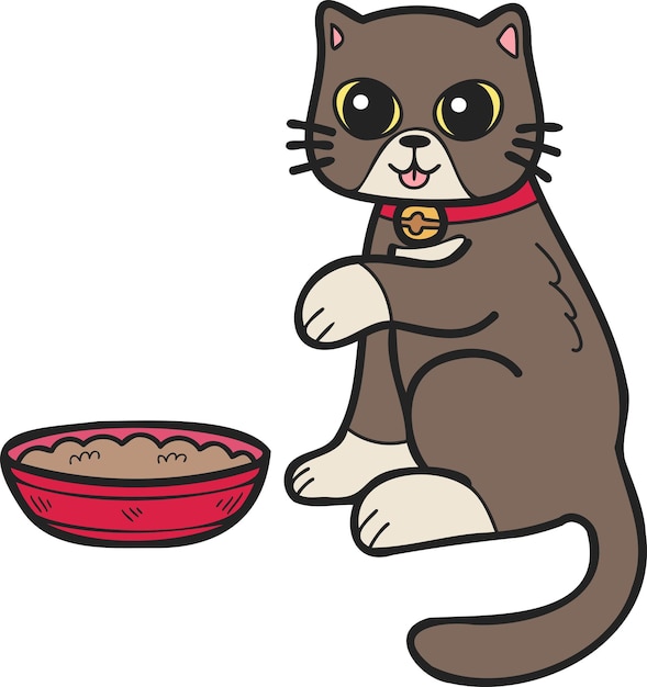 Hand Drawn cat eating food illustration in doodle style