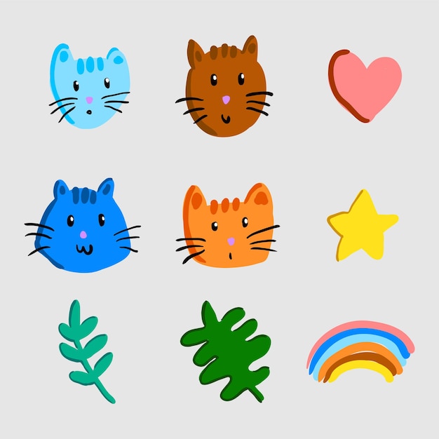 Hand drawn of cat heads heart star rainbow and leafs in childish style isolated on grey background