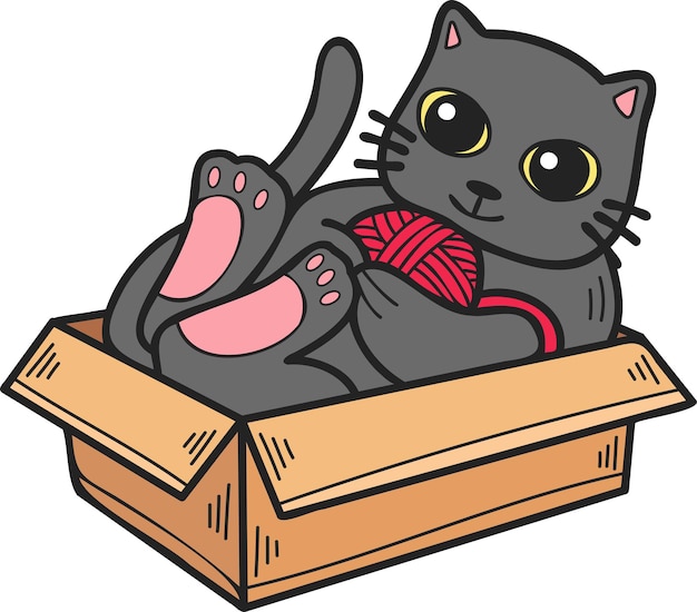 Hand Drawn cat playing with yarn in a box illustration in doodle style