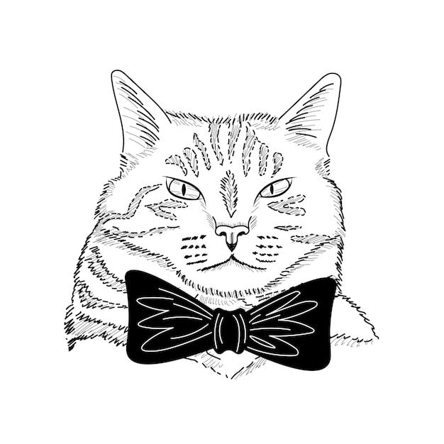 Hand drawn cat sketch wearing black bow tie